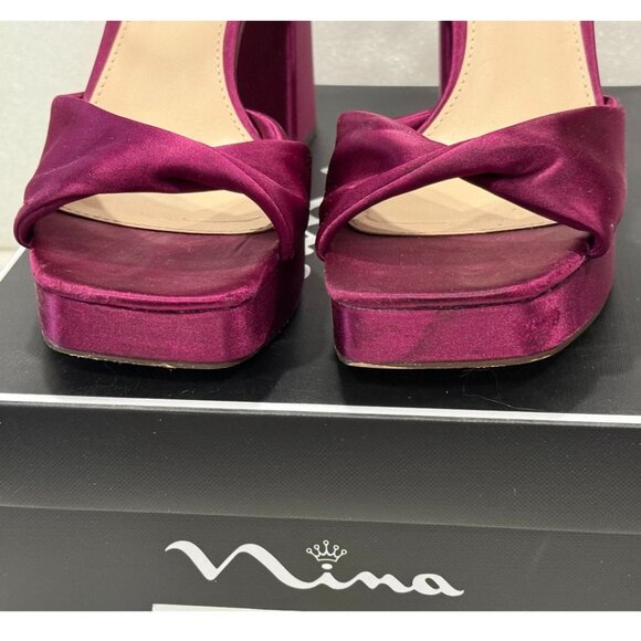 NINA STACIE WINE SATIN BLOCK-HEEL PLATFORM SANDALS HEELS WITH ANKLE-STRAP sz 10 - Picture 5 of 10